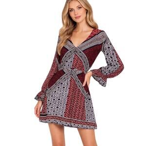 Gianni Bini Red Geometric Print V Neck Dress Small Long Sleeve